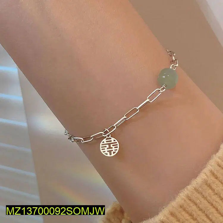 Alloy Silver Plated Lucky Jade Charm Chain Bracelet