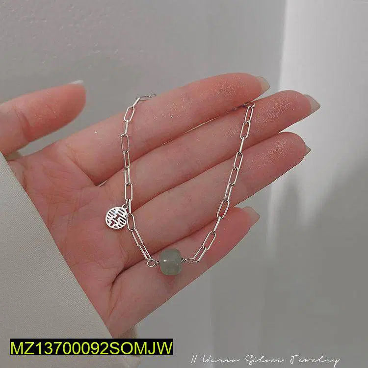 Alloy Silver Plated Lucky Jade Charm Chain Bracelet