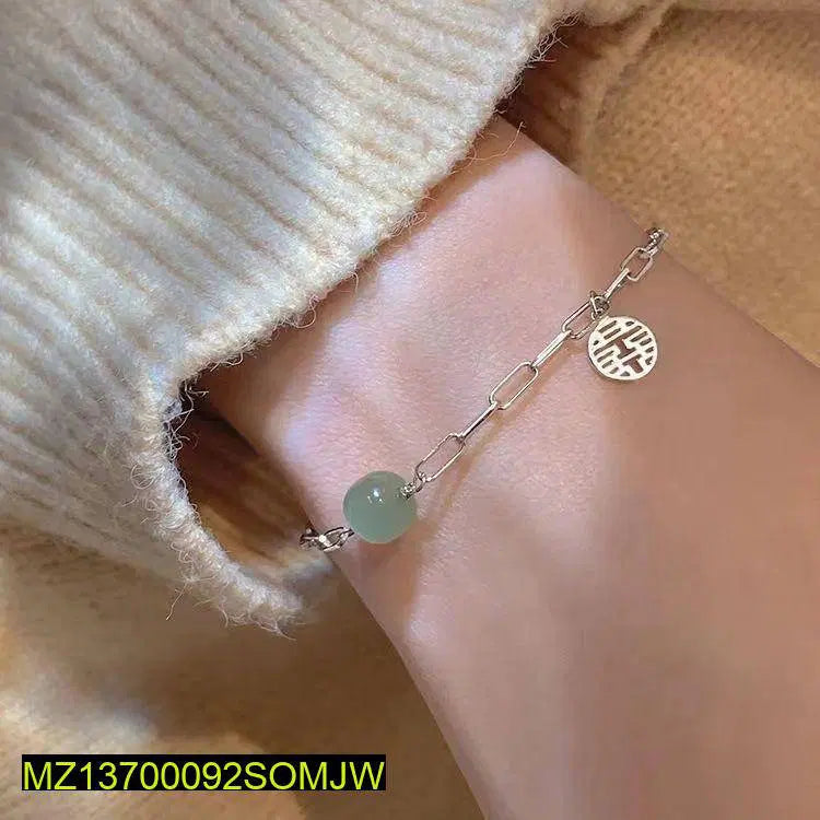 Alloy Silver Plated Lucky Jade Charm Chain Bracelet