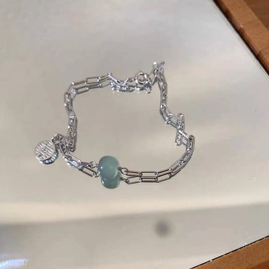 Alloy Silver Plated Lucky Jade Charm Chain Bracelet