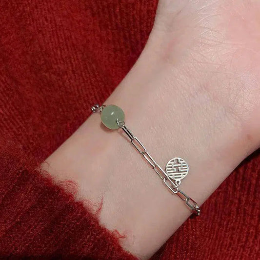 Alloy Silver Plated Lucky Jade Charm Chain Bracelet